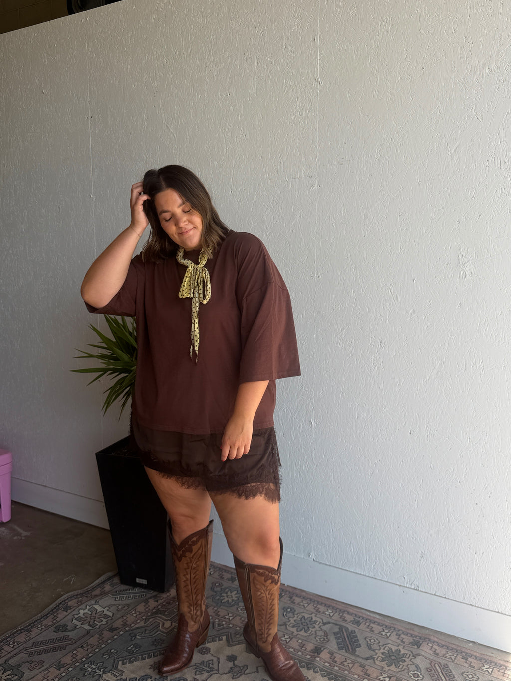 Brown Oversized Lace Trim Tee