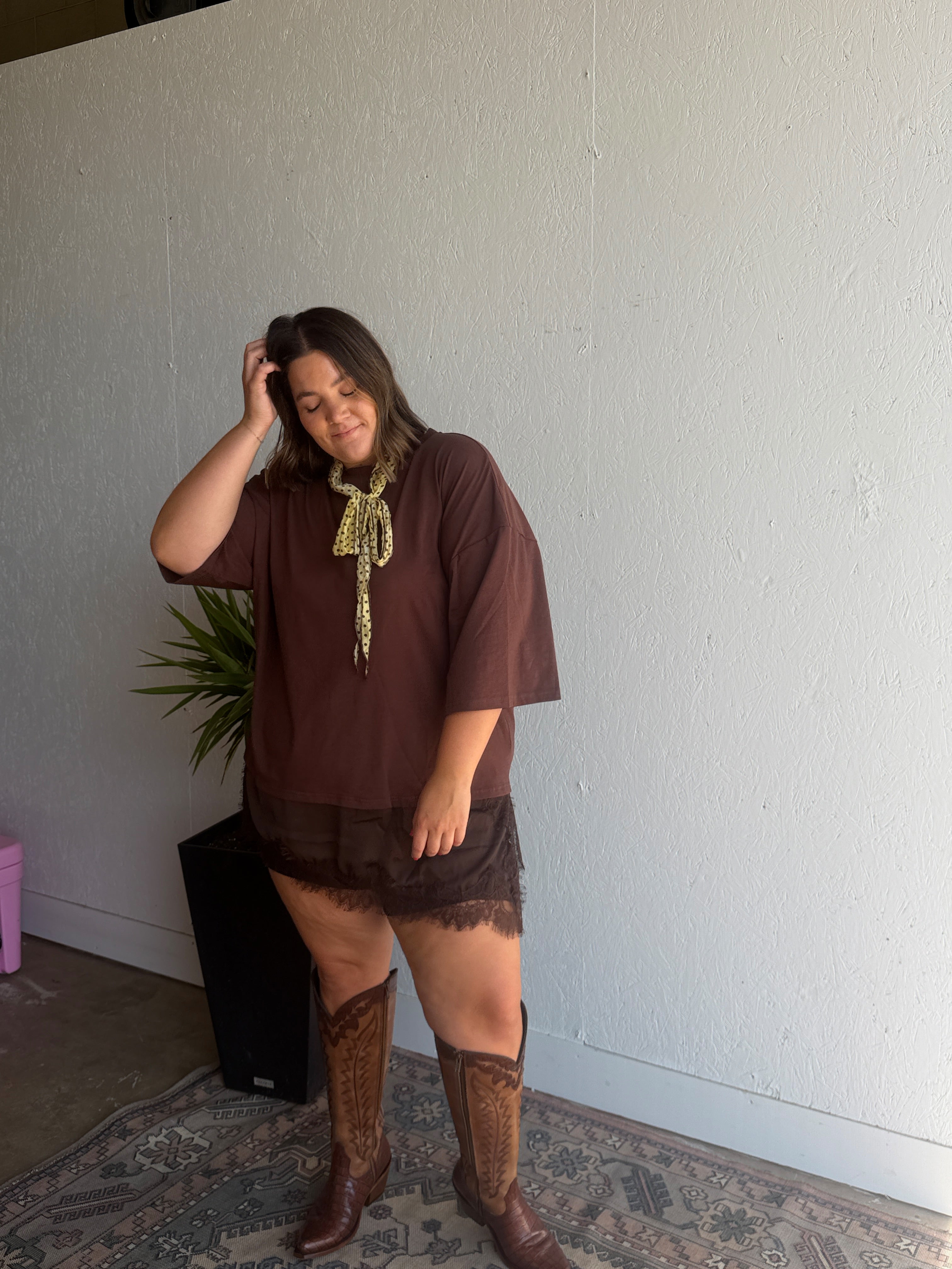 Brown Oversized Lace Trim Tee
