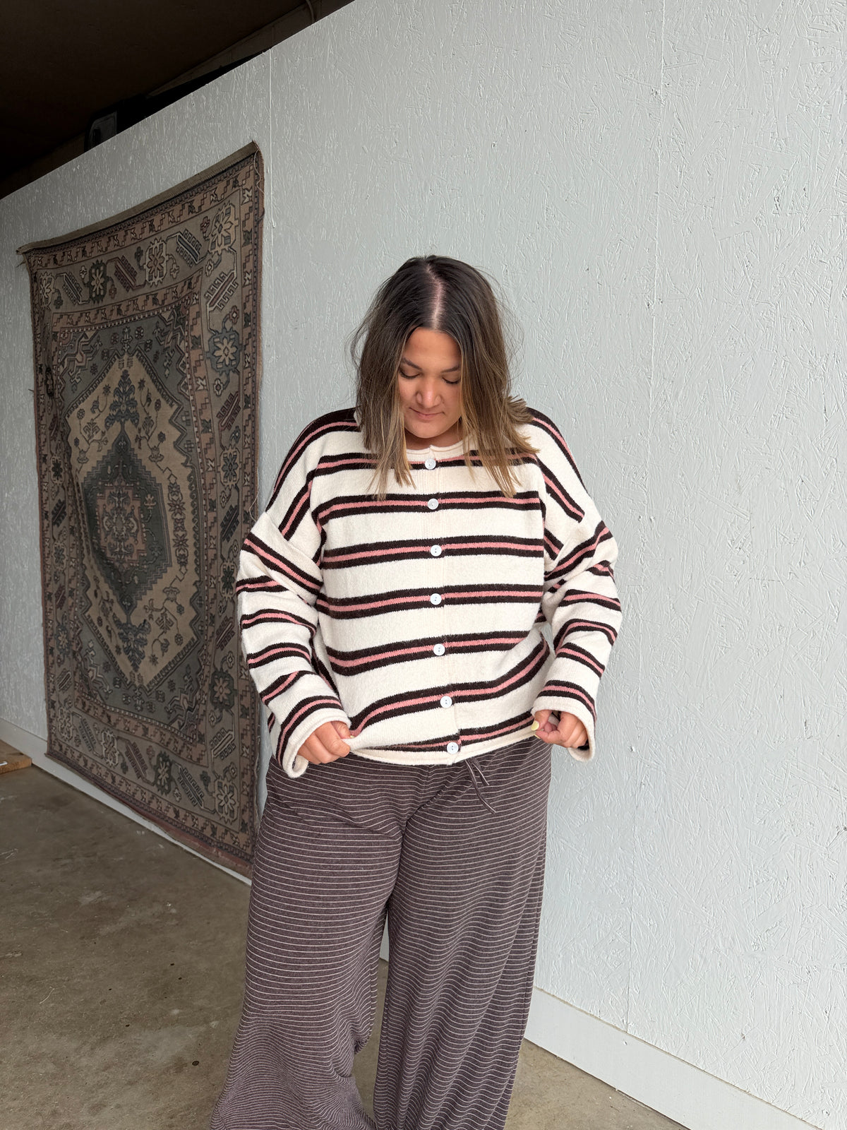 Pink and Brown Striped Cardigan