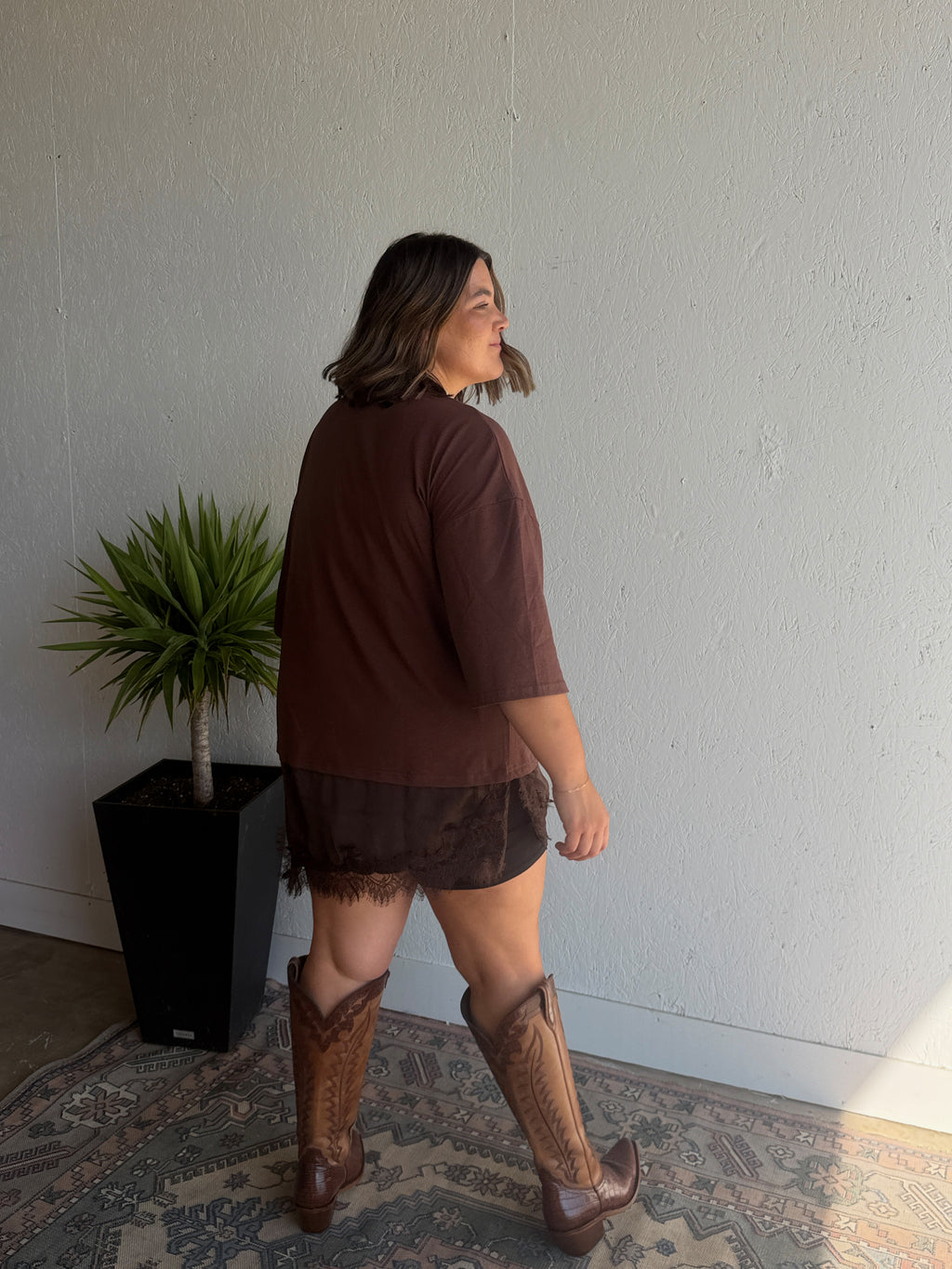 Brown Oversized Lace Trim Tee