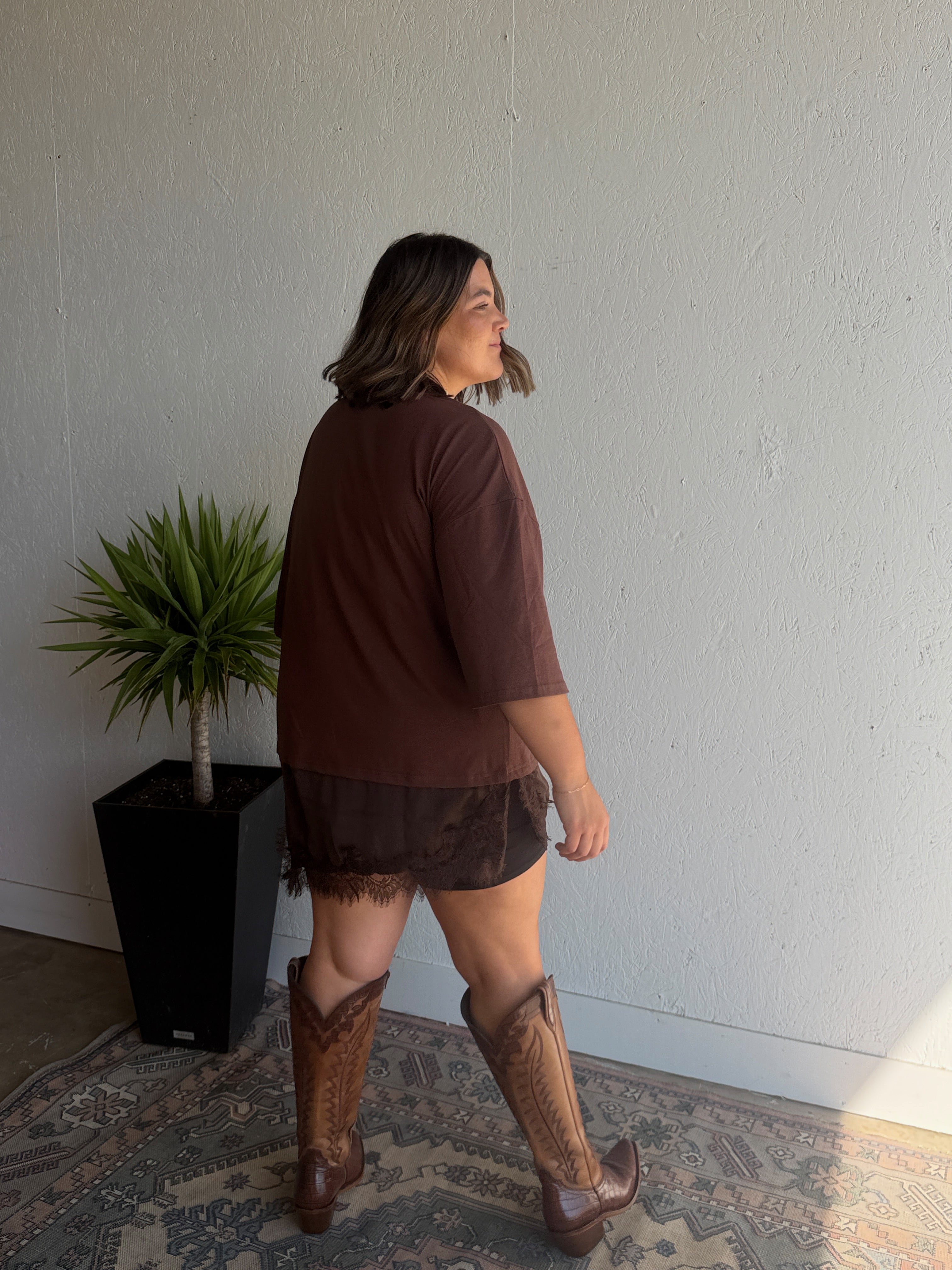 Brown Oversized Lace Trim Tee