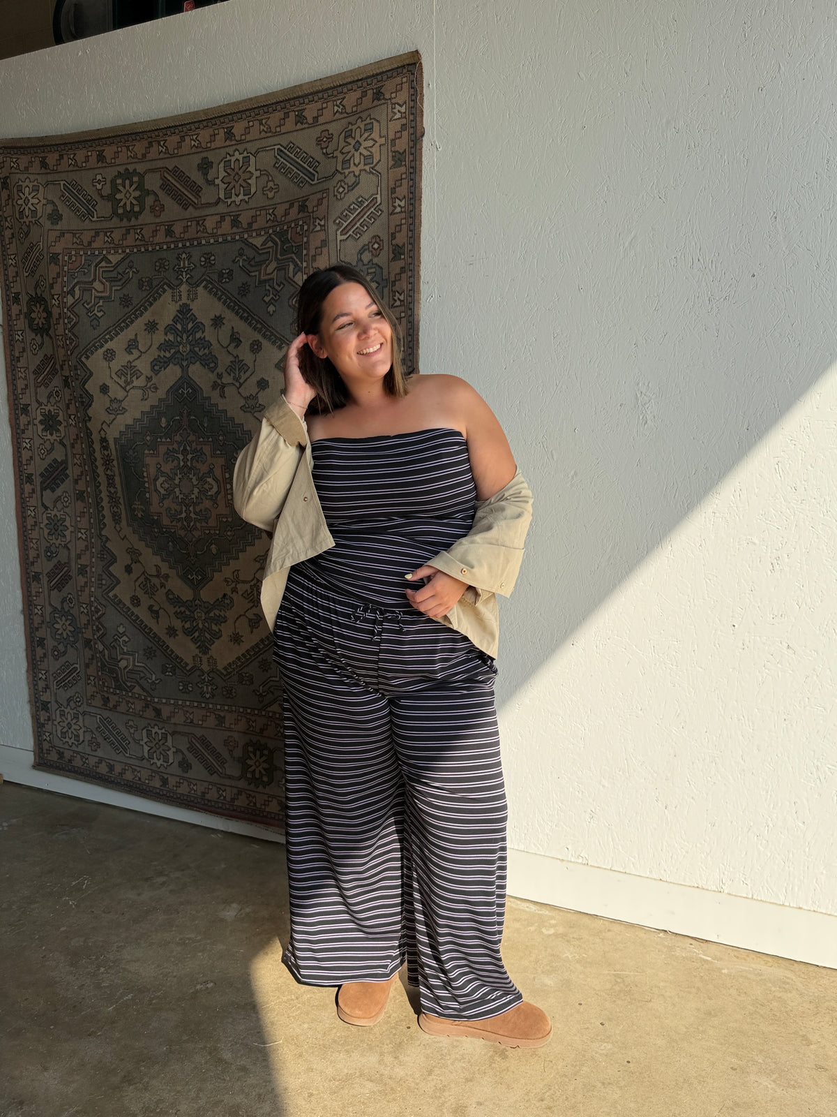 Striped Tube Top and Wide Leg Pant Set
