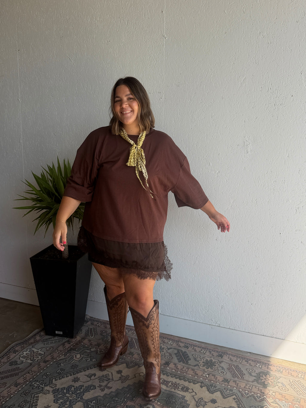 Brown Oversized Lace Trim Tee
