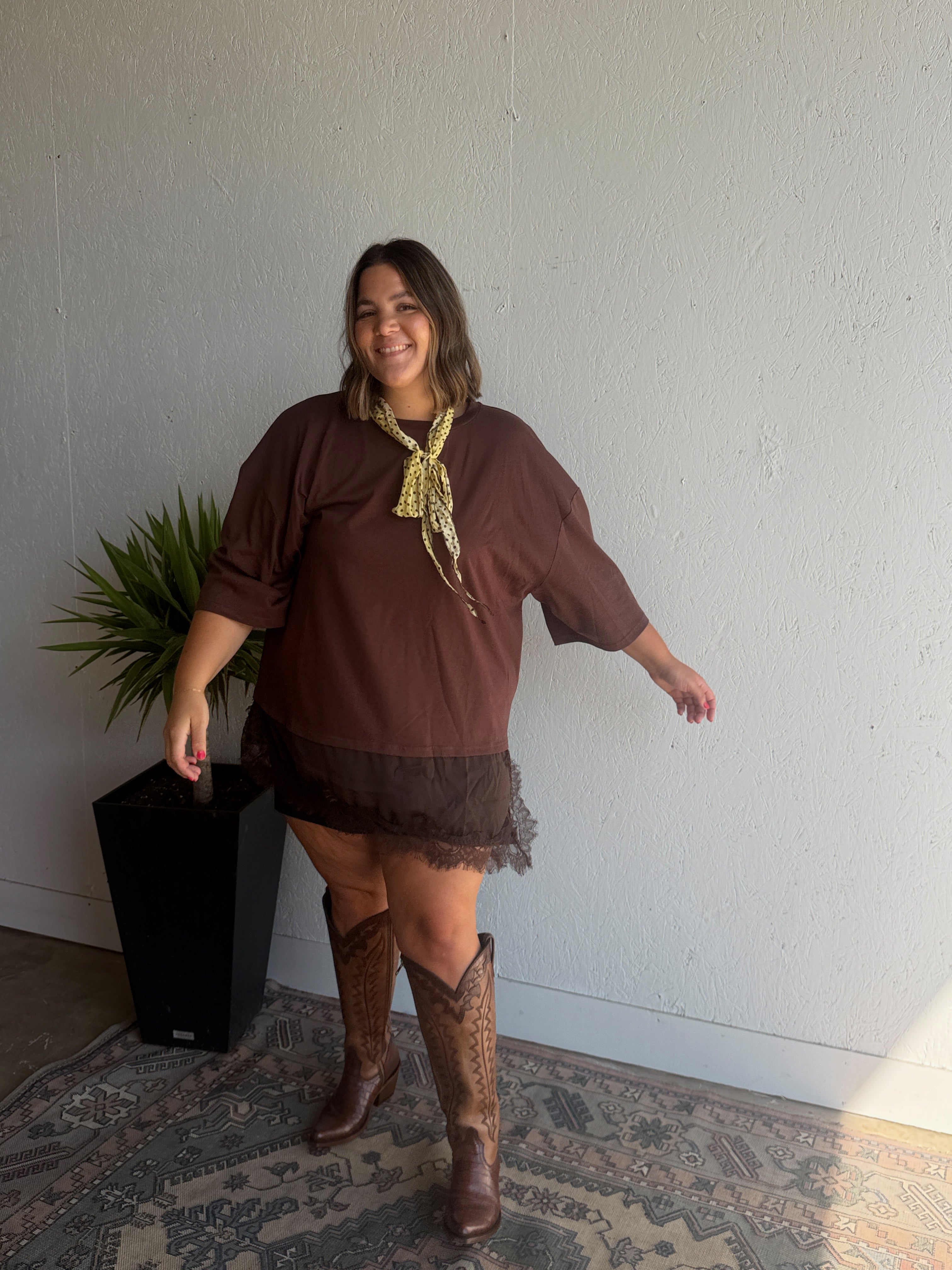 Brown Oversized Lace Trim Tee