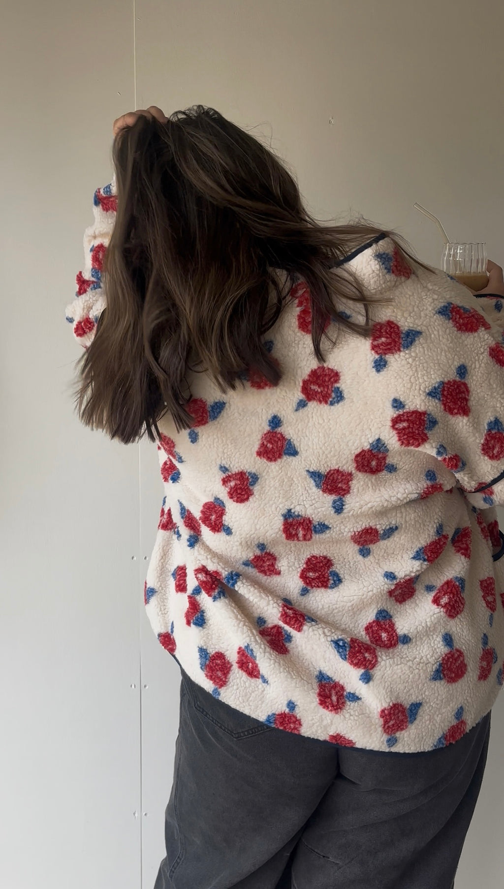 Ivory & Red Floral Zip Up Fleece