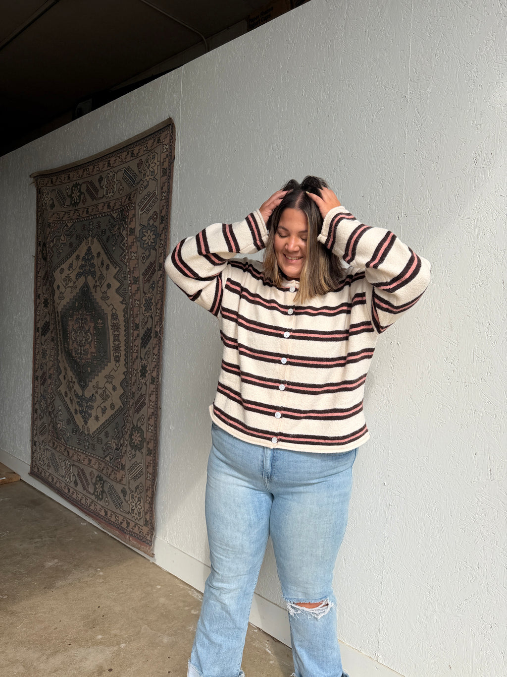Pink and Brown Striped Cardigan
