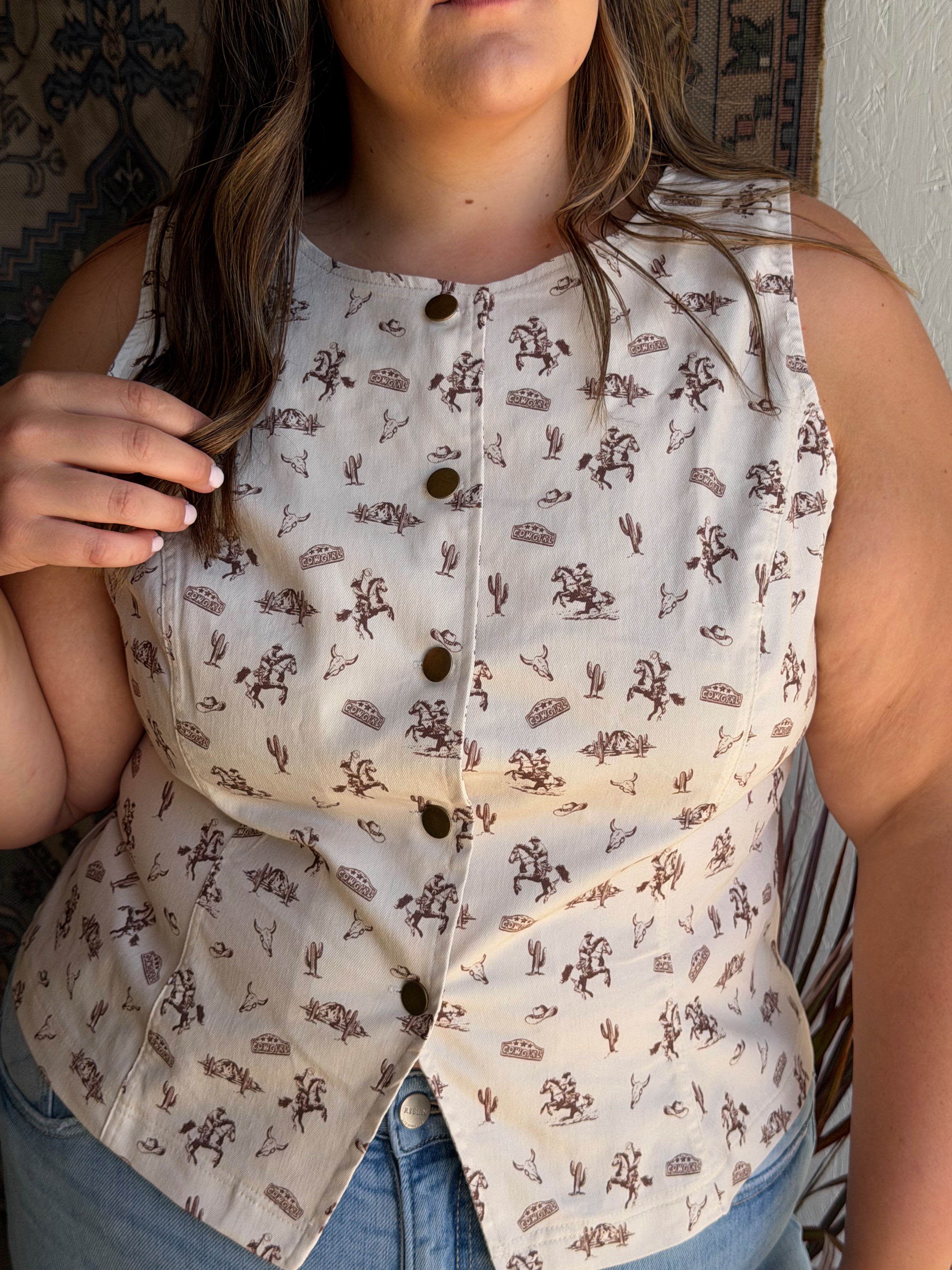 Western Print Button Vest