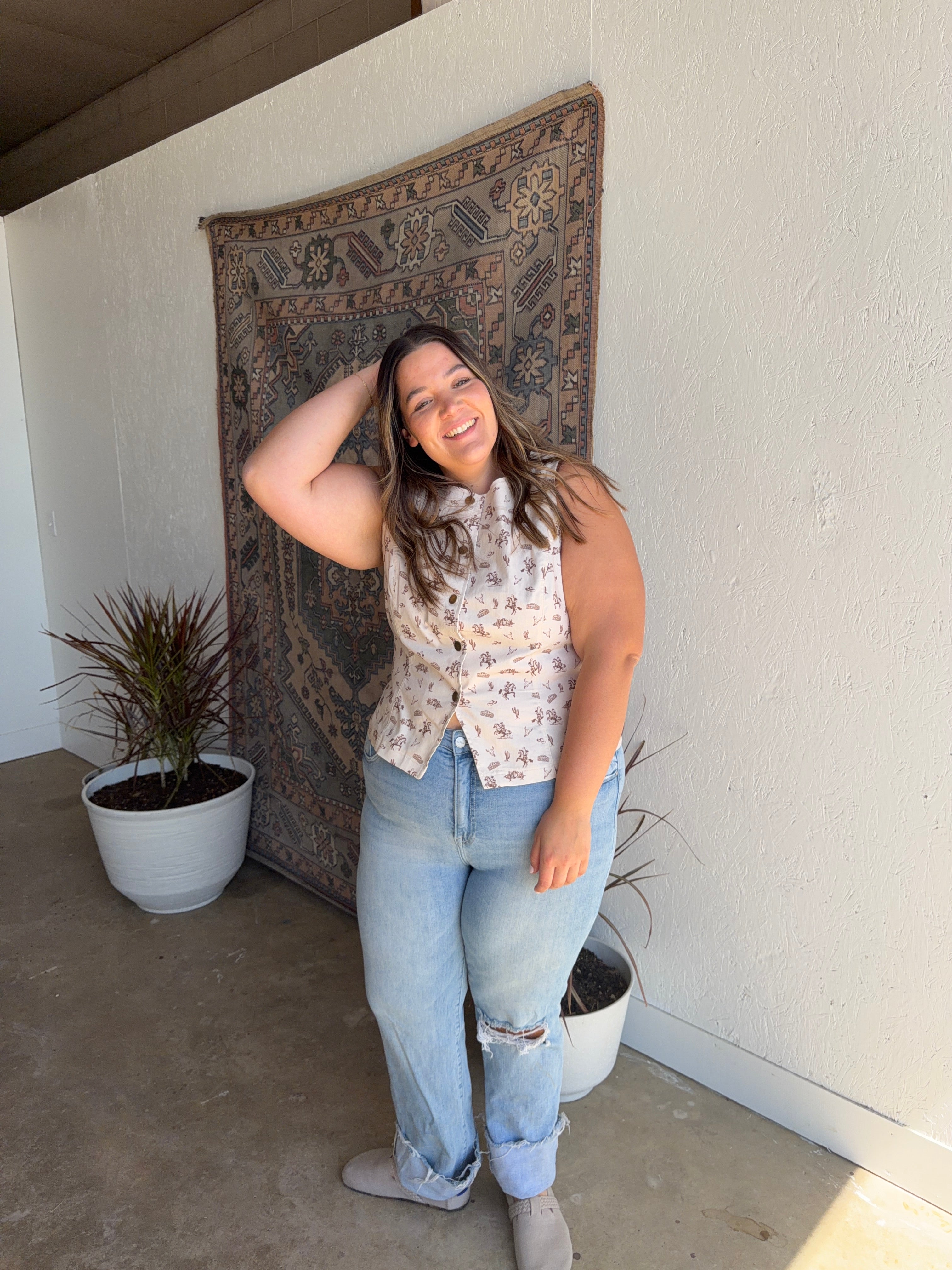 Western Print Button Vest