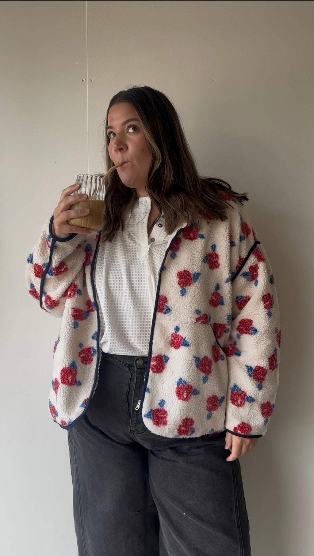 Ivory & Red Floral Zip Up Fleece