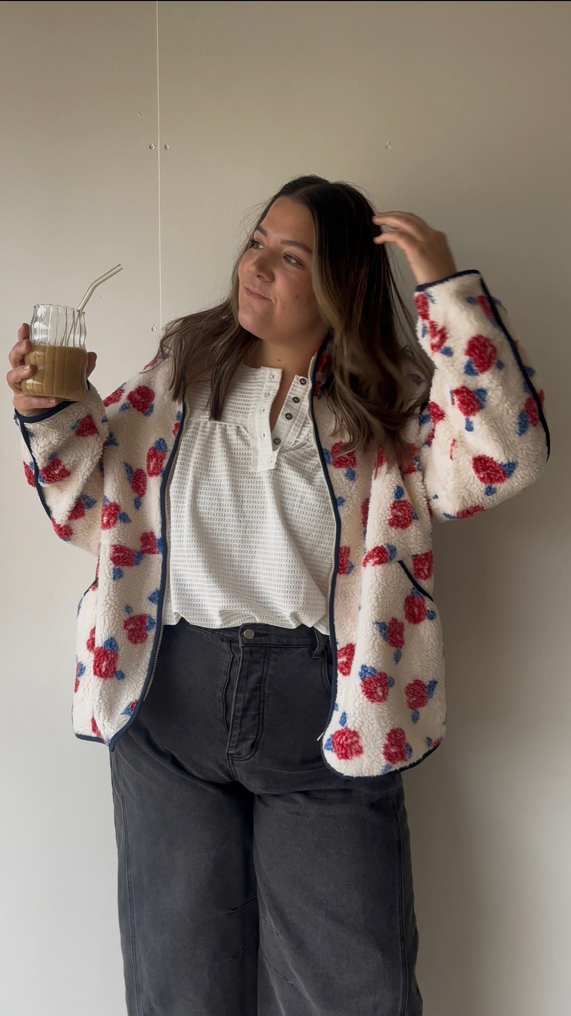 Ivory & Red Floral Zip Up Fleece