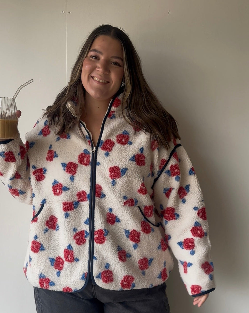 Ivory & Red Floral Zip Up Fleece
