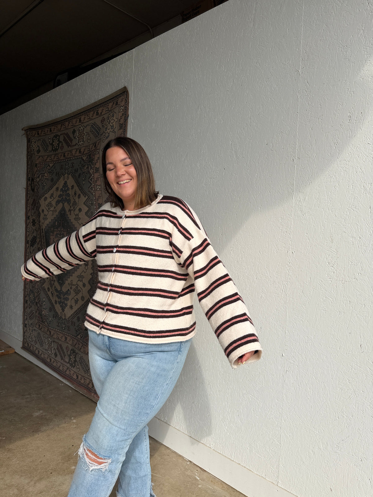 Pink and Brown Striped Cardigan