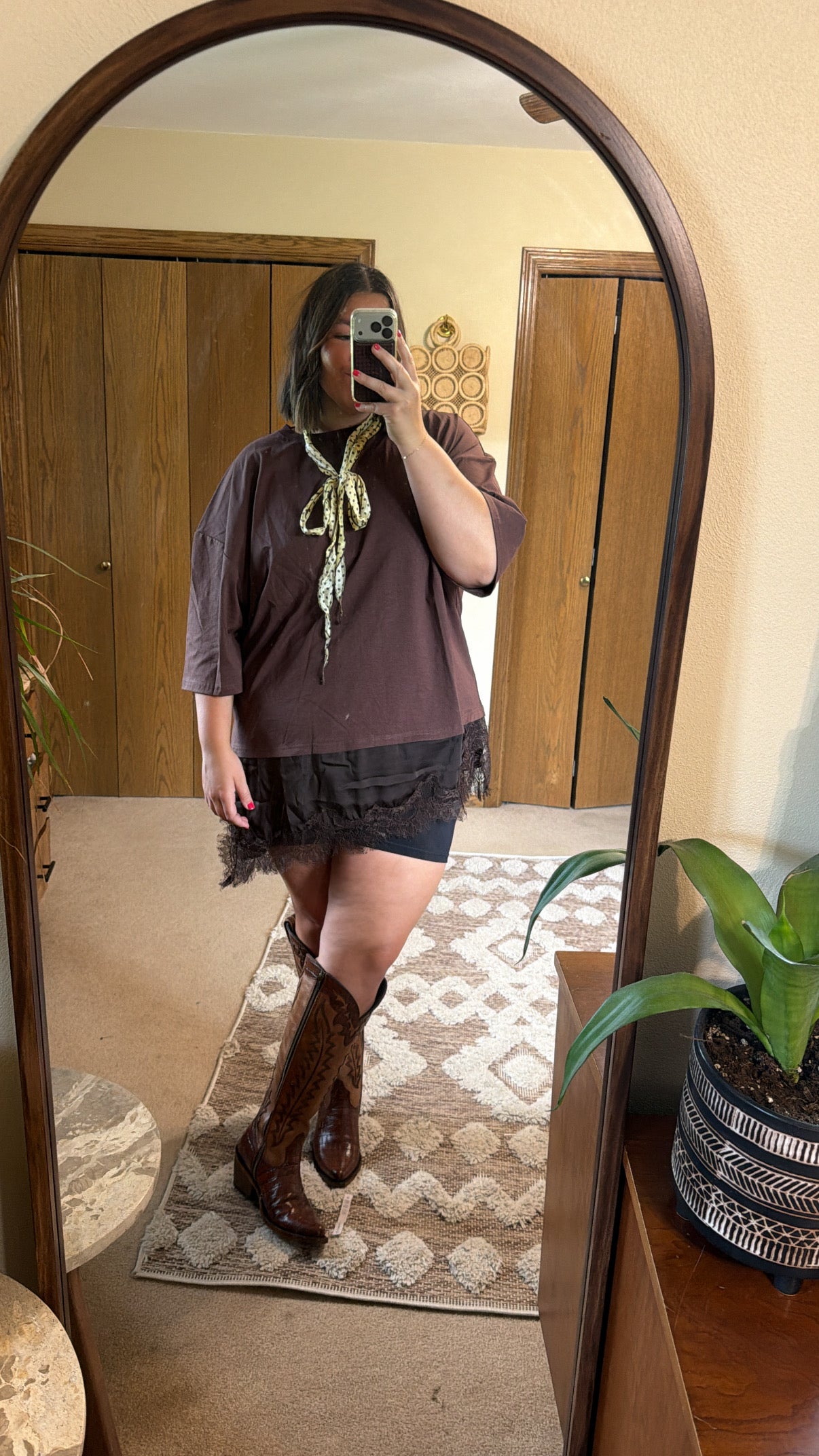 Brown Oversized Lace Trim Tee