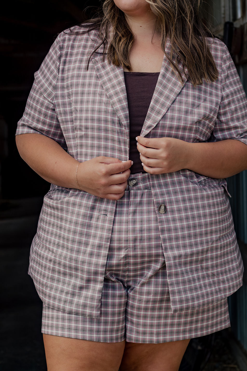 Pink Plaid Blazer Set [Bottoms]