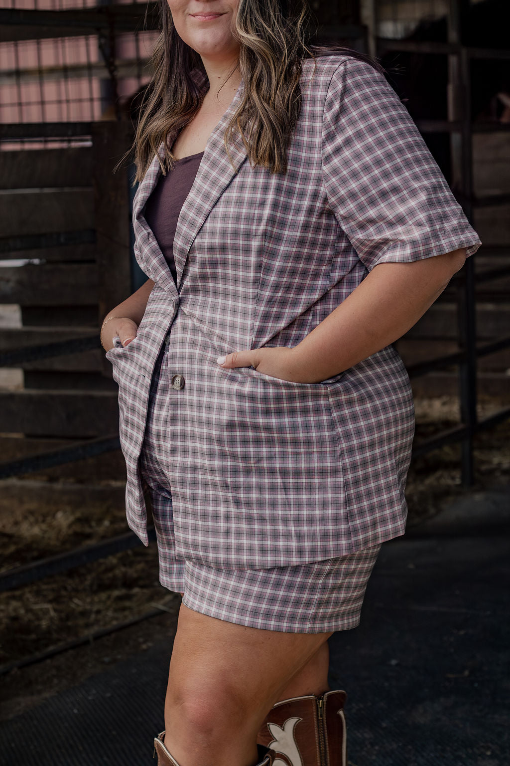 Pink Plaid Blazer Set [Bottoms]