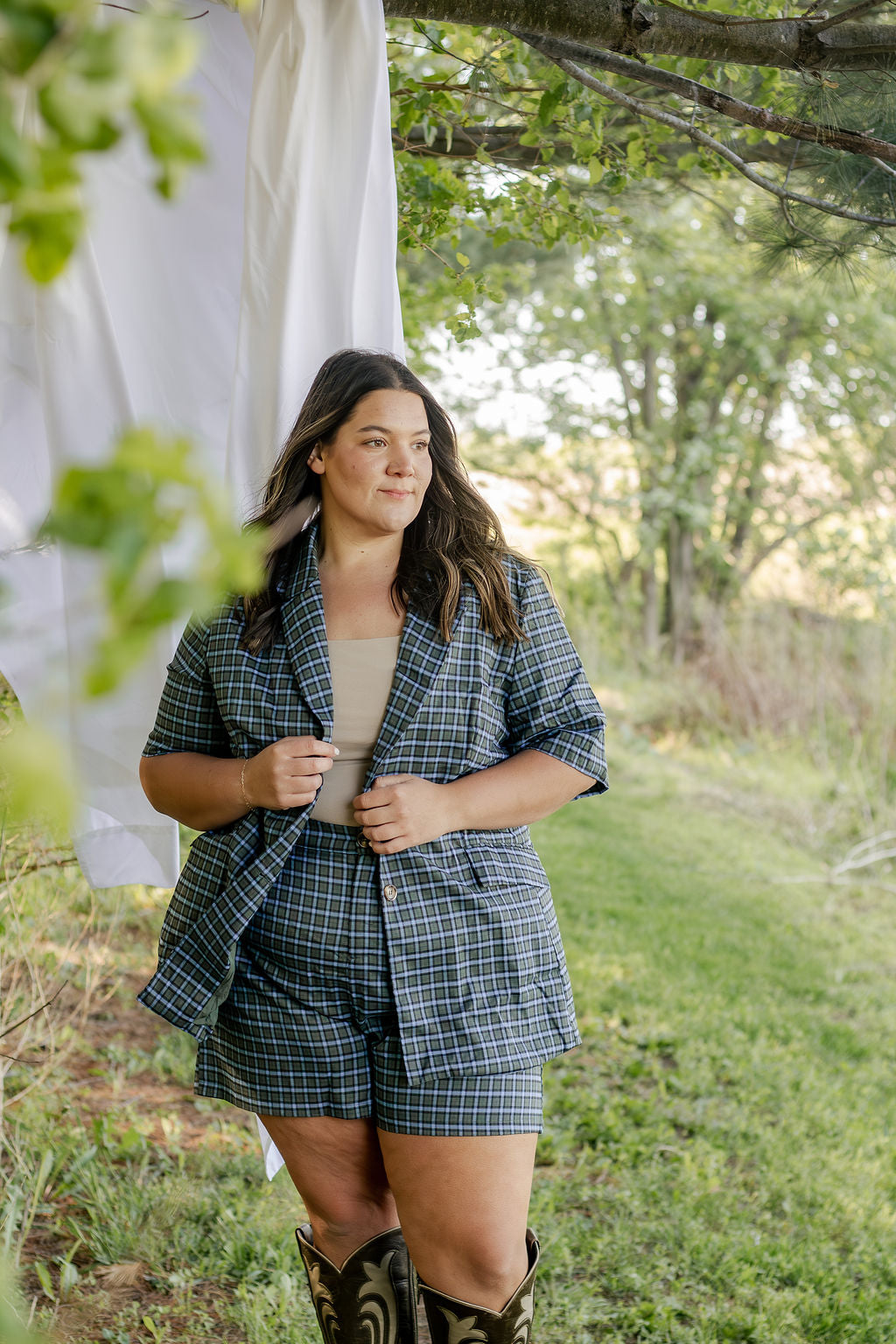 Blue Plaid Blazer Set [Bottoms]