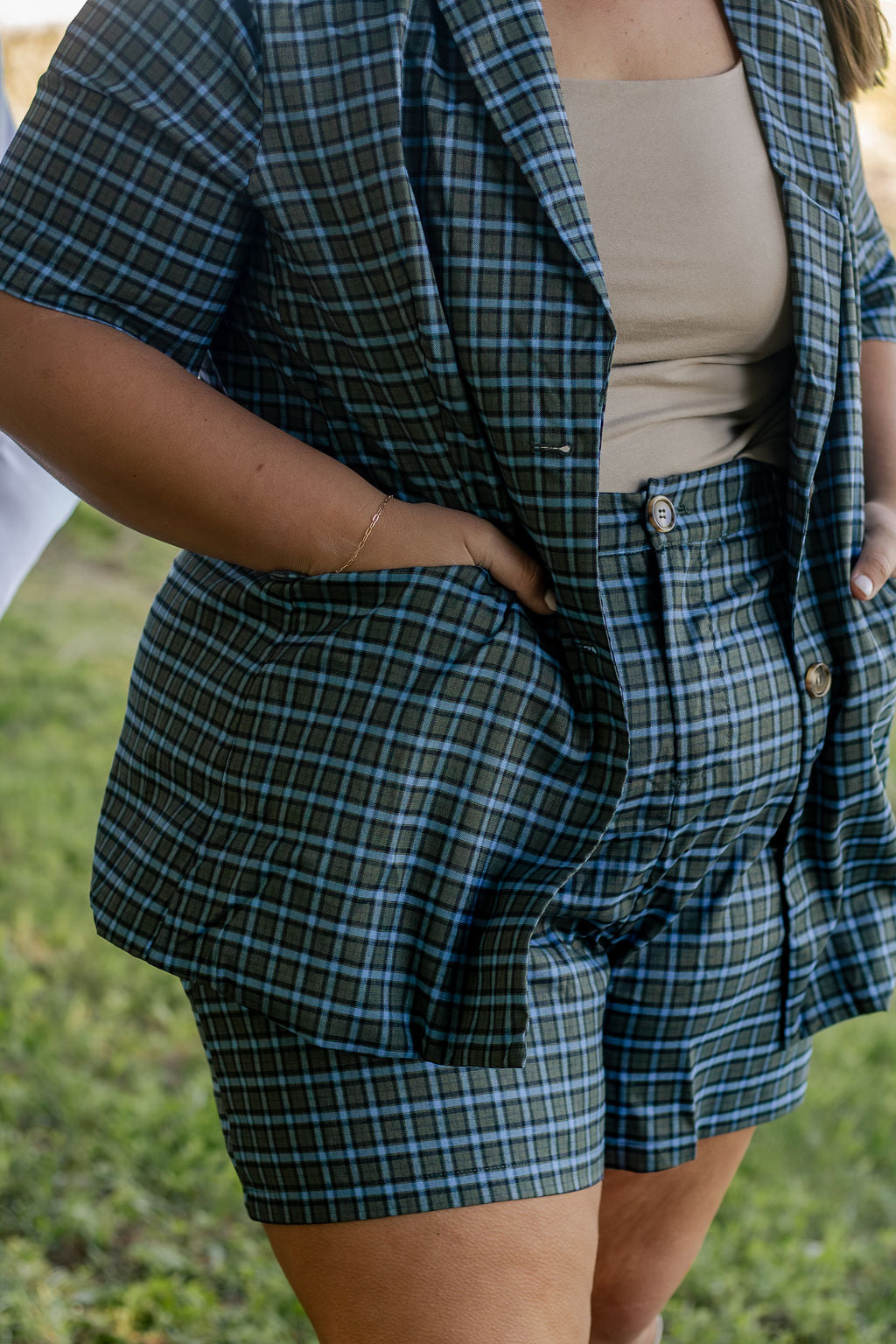 Blue Plaid Blazer Set [Bottoms]