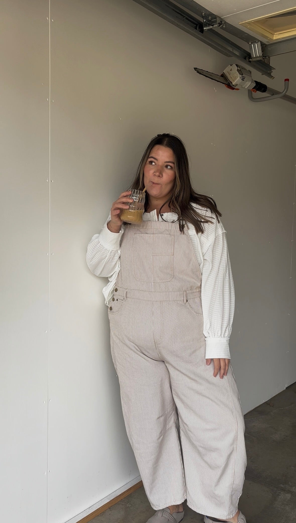 Pinstriped Barrel-Leg Overalls